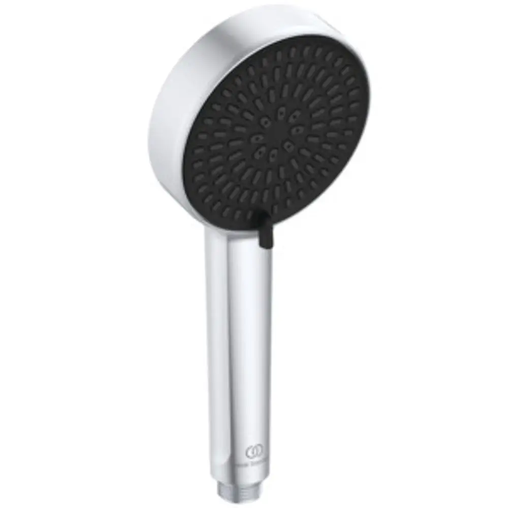 Handbrause aus Aluminium in Silber mit schwarzem Duschkopf. Das Produkt gehört zur Marke Ideal Standard und ist für den Einsatz in Duschen konzipiert.